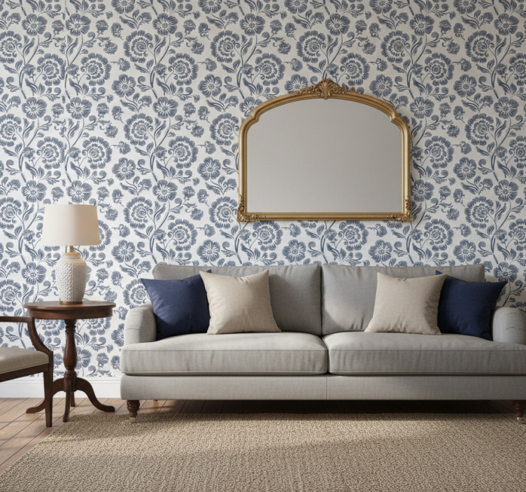 Ornamental flower wallpaper blue flowers white background - TenStickers