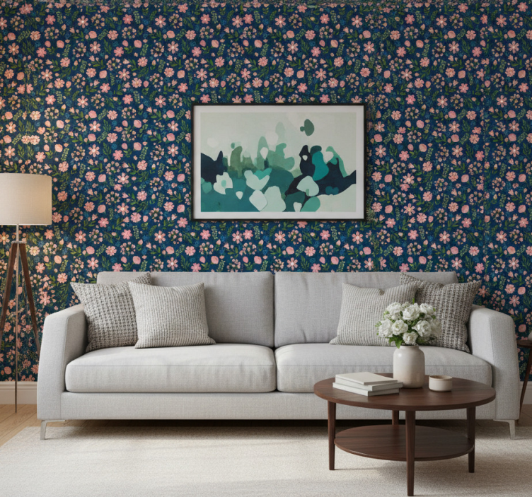 Ornamental flower wallpaper flowerprint 'floflo' blue - TenStickers
