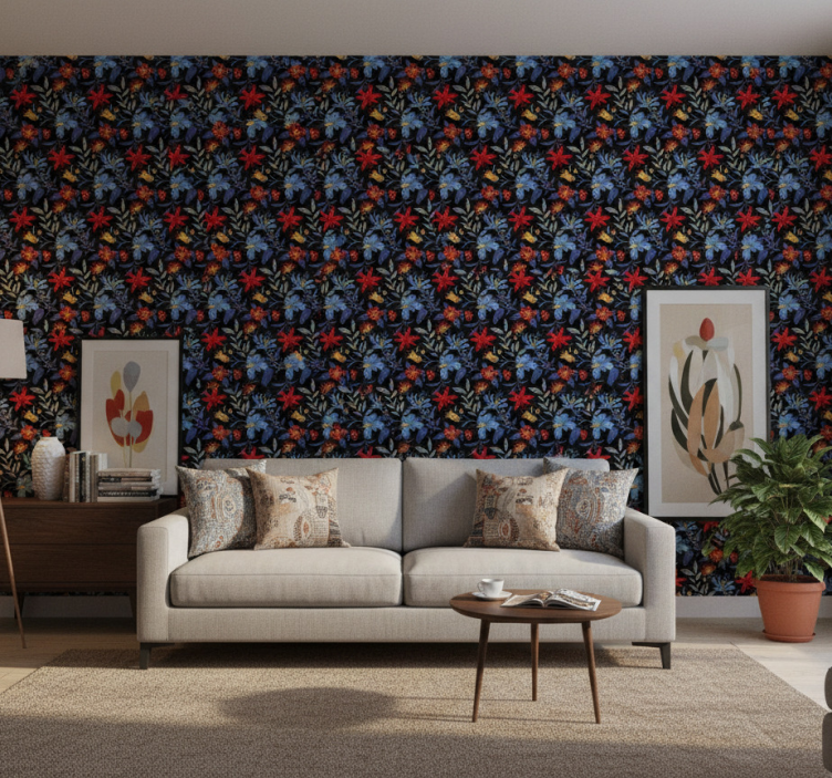 Ornamental flower wallpaper flowerprint 'tricot' black - TenStickers