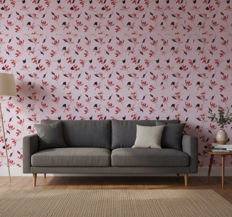 Ornamental flower wallpaper hand drawn red lily design - TenStickers