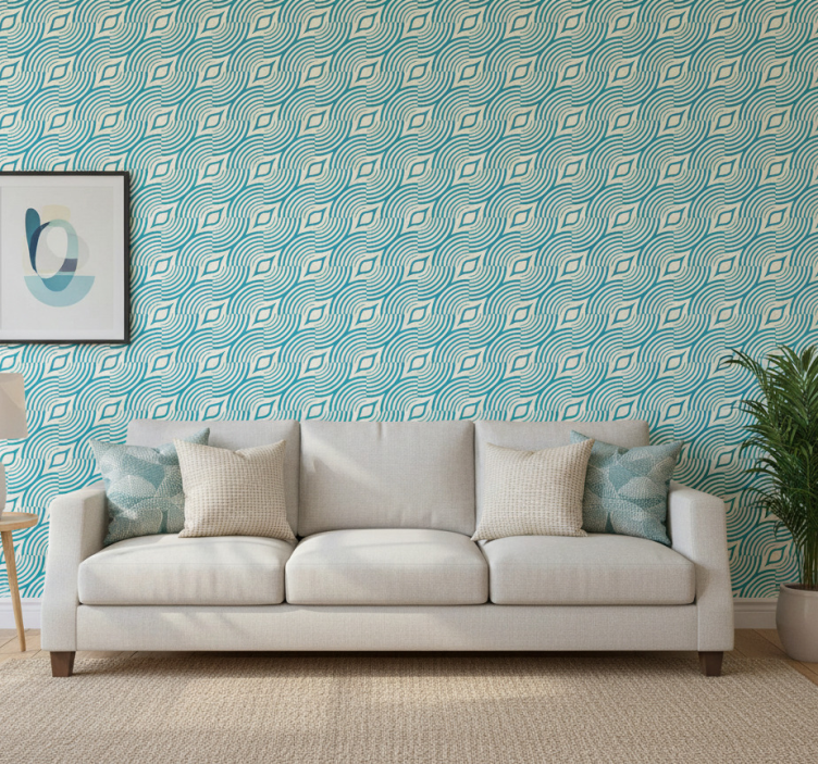 Ornamental flower wallpaper in ocean wave blue lines - TenStickers