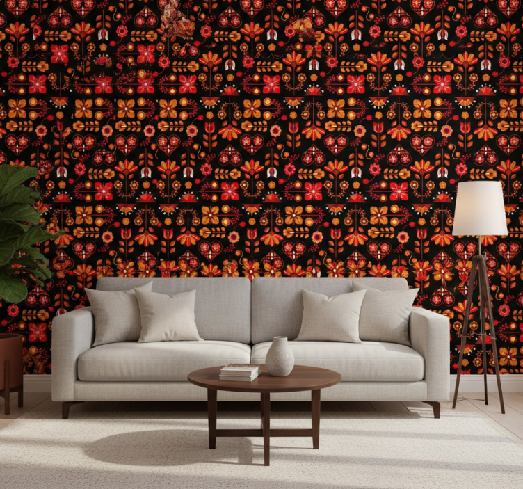 Ornamental flower wallpaper in red ethnic design - TenStickers