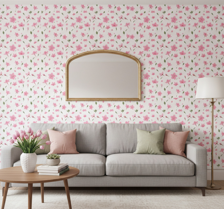 Ornamental flower wallpaper watercolor pastel pink blooms - TenStickers