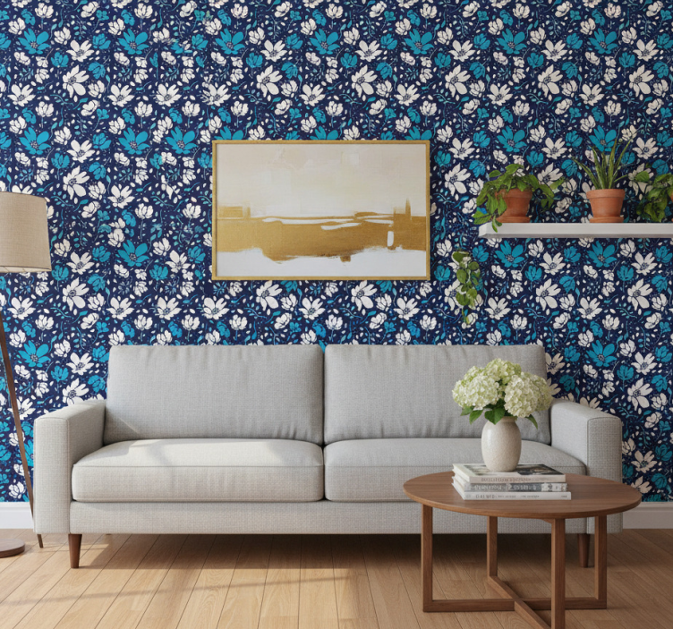 Ornamental flower wallpaper white daisies on blue - TenStickers