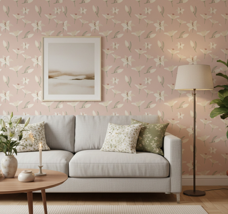 Ornamental flower wallpaper white lily on nude - TenStickers