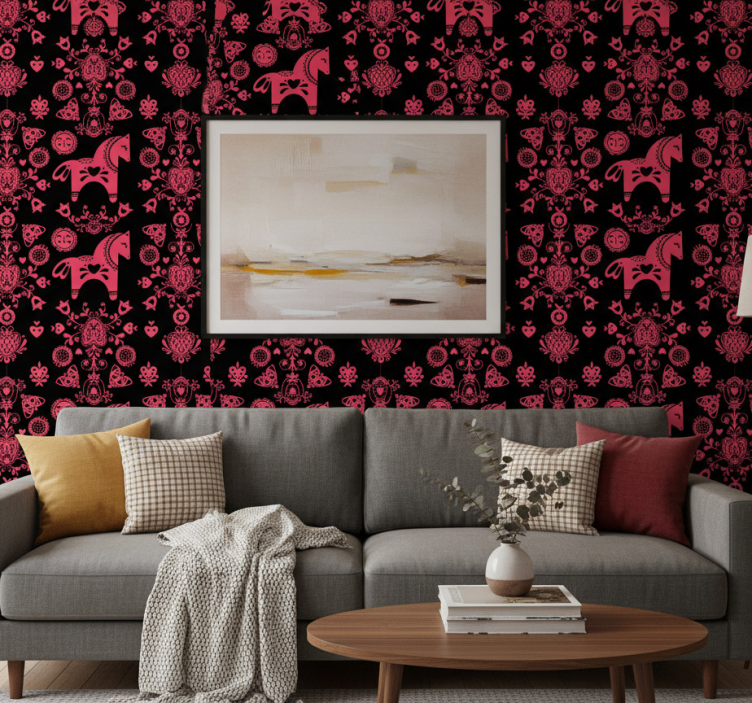 Ornamental flower wallpaper with folkloric horse design - TenStickers