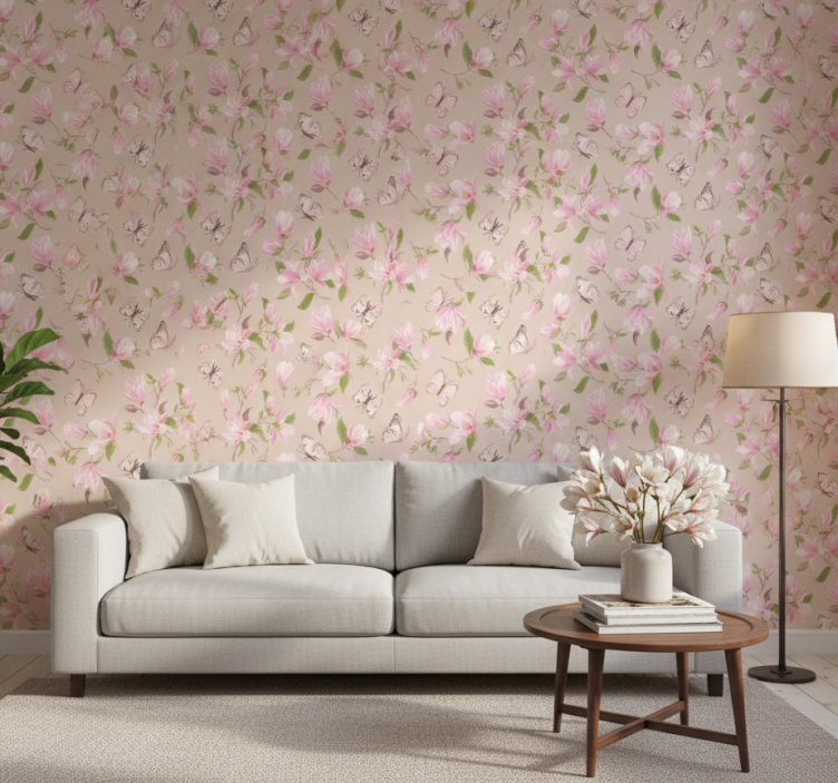 Ornamental flower wallpaper with pink magnolia and butterfly - TenStickers