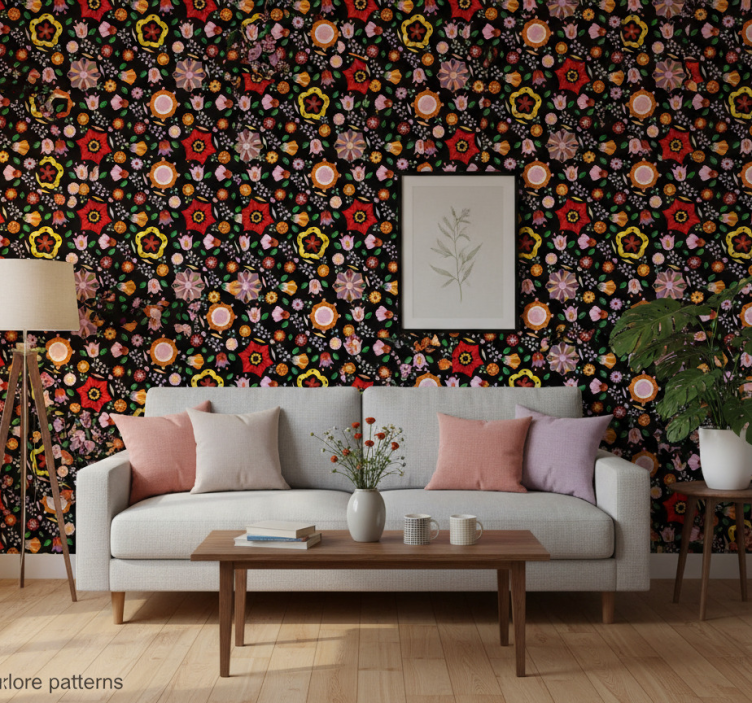 Ornamental flower wallpaper with polish folk patterns - TenStickers