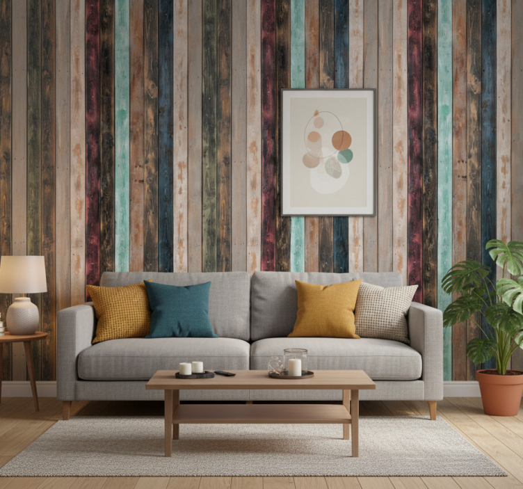 Ornamental wallpaper colorful painted vertical planks - TenStickers