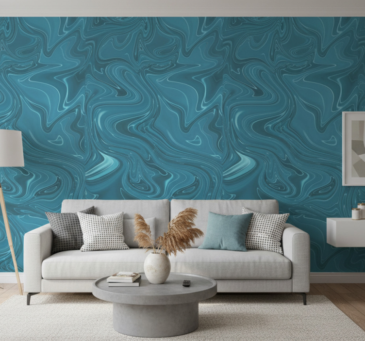 Living room wallpaper in abstract grey and turquoise - TenStickers