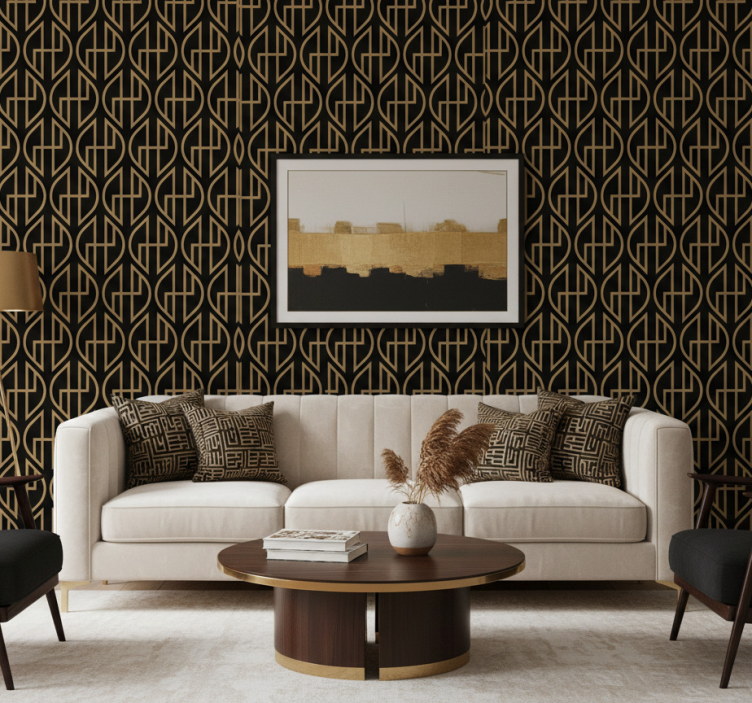Living room wallpaper black and gold lines - TenStickers