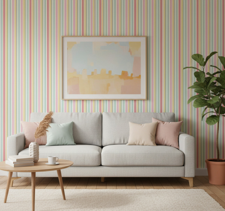 Living room wallpaper in horizontal pastel stripes - TenStickers
