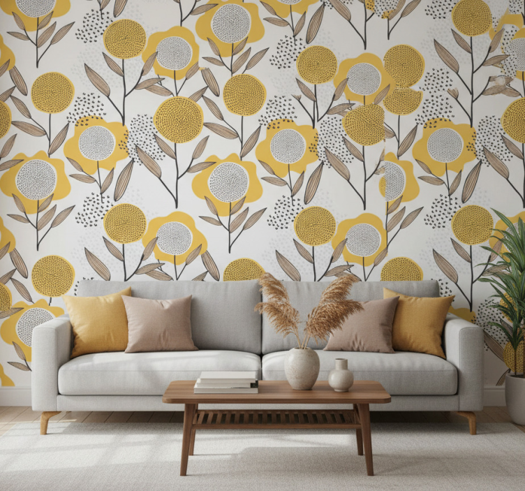 Living room wallpaper yellow abstract floral design - TenStickers