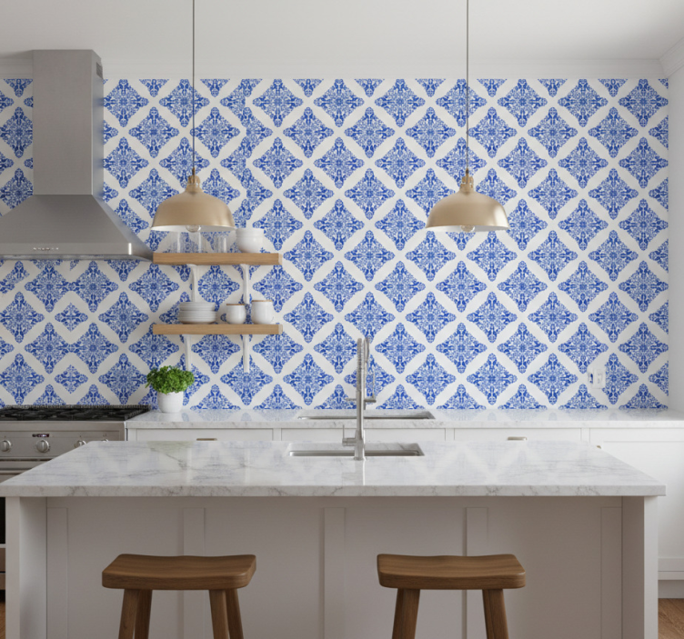 Patterned blue tile wallpaper - TenStickers