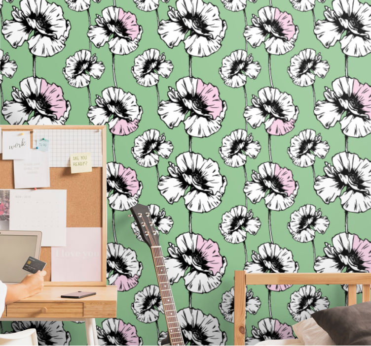 Pink and white poppies flower wallpaper - TenStickers