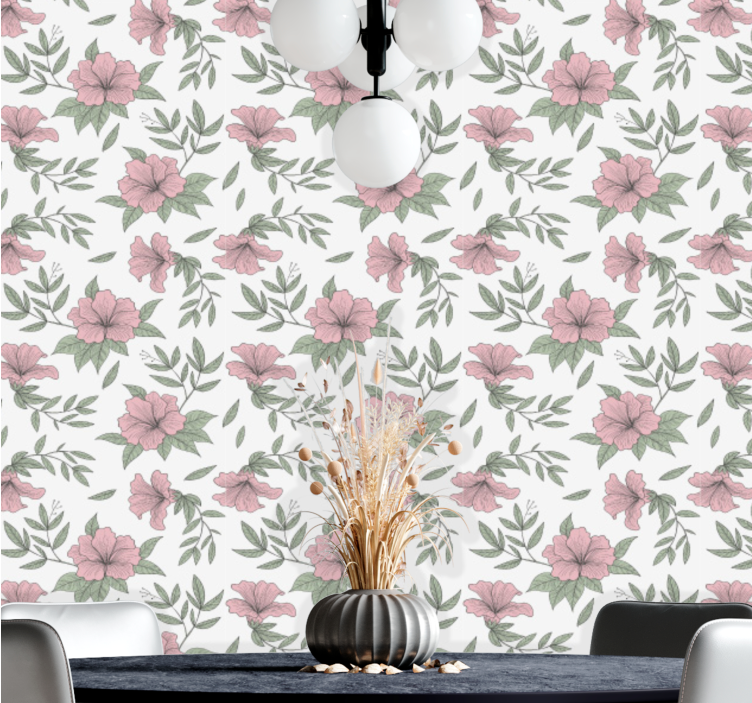 Pink floral motif dining room wallpaper - TenStickers
