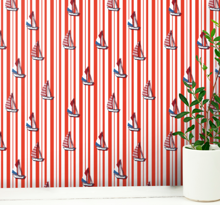 Sailboat red pattern vertical stripe wallpaper - TenStickers
