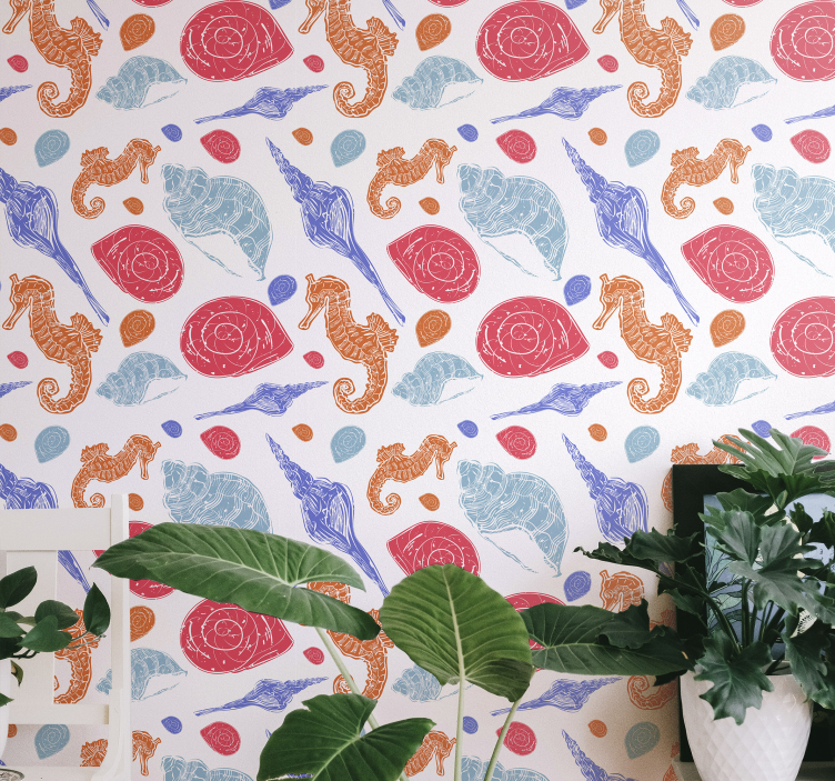 Seahorse Seashell Pattern fish wallpaper - TenStickers