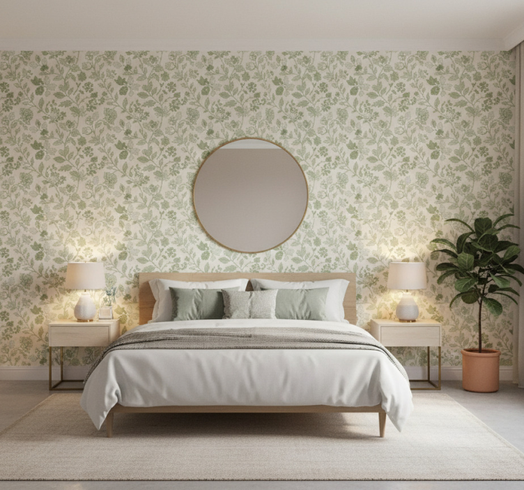 Stone wallpaper in cream green floral design - TenStickers