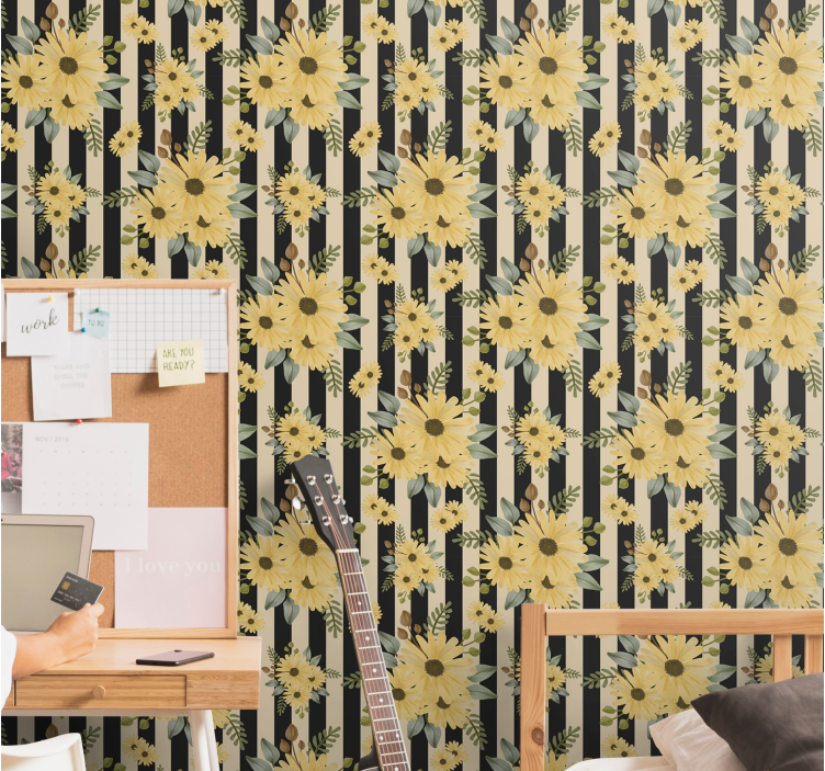 Striped Sunflower Pattern ornamental flower wallpaper - TenStickers