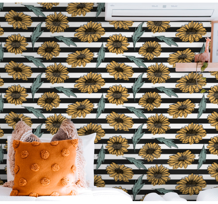 Sunflower Stripes ornamental flower wallpaper - TenStickers