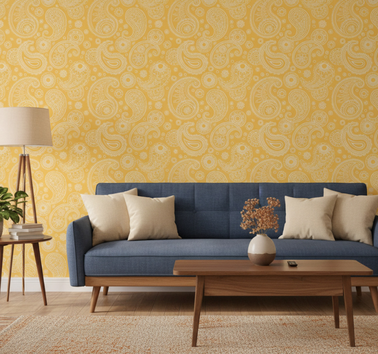 Living room wallpaper in arabic yellow paisley - TenStickers