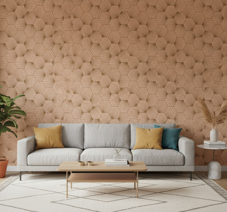 Living room wallpaper in brown hexagon lines - TenStickers