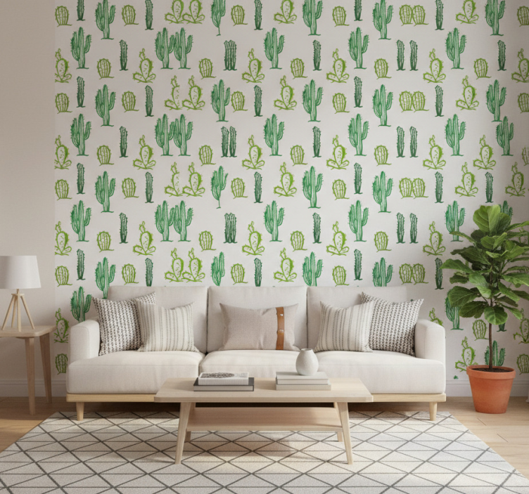 Living room wallpaper green cactus design - TenStickers