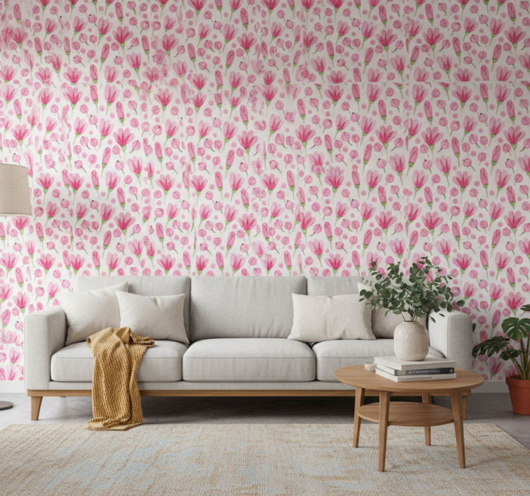 Living room wallpaper pink flower pattern - TenStickers
