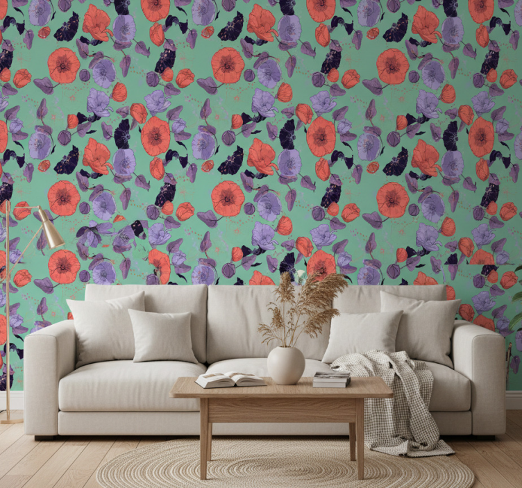 Flower wallpaper blue and red poppies design - TenStickers