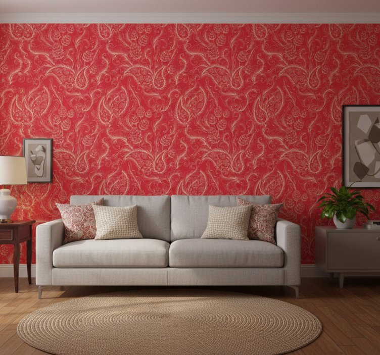 Ornamental flower wallpaper red paisley design - TenStickers