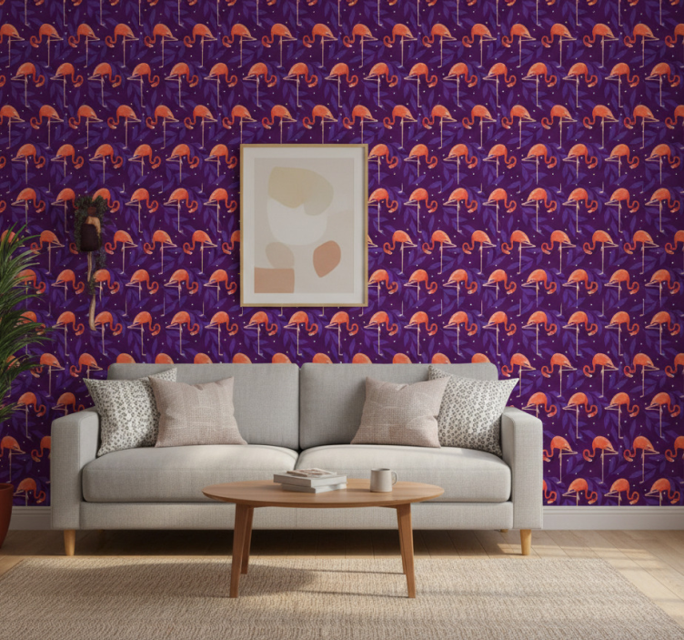 Birds wallpaper featuring pink tropical flamingos - TenStickers