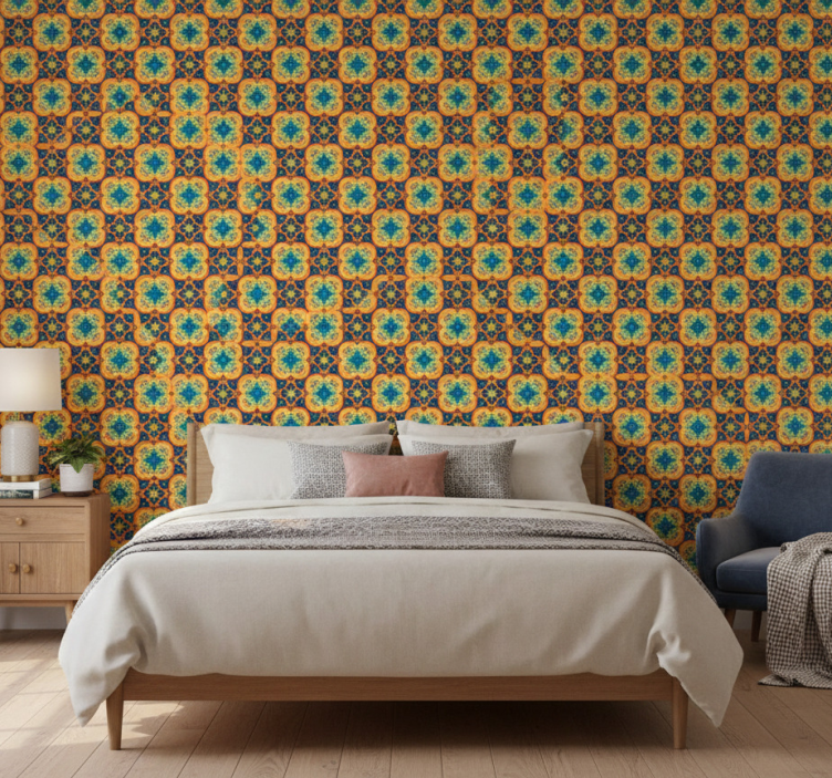 Textured wallpaper yellow and blue boho pattern - TenStickers
