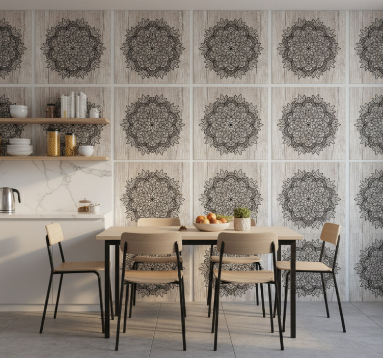 Tile wallpaper black mandala on wood design - TenStickers
