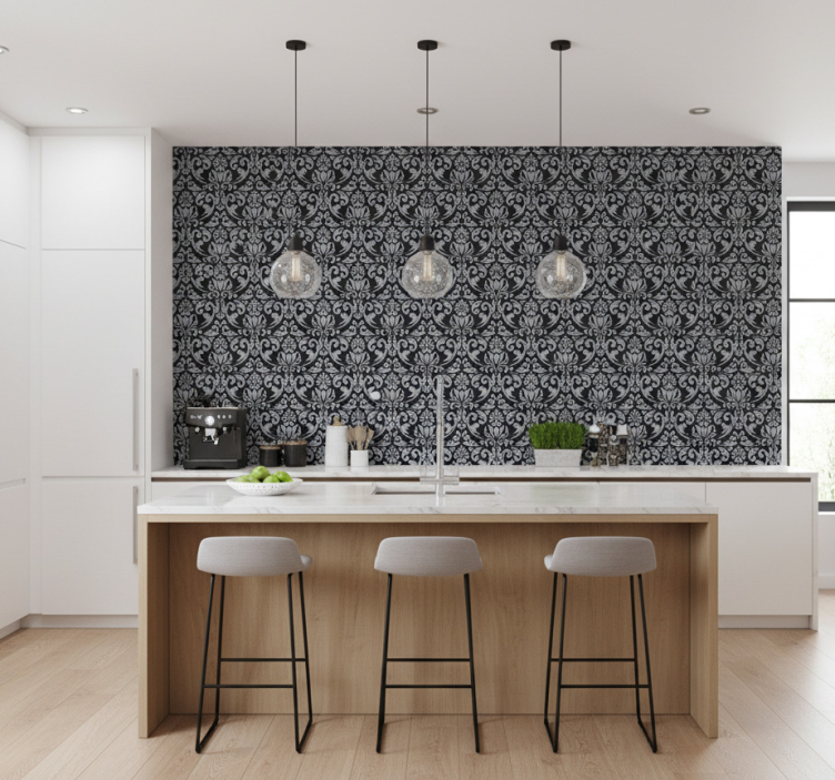 Tile wallpaper gray and black baroque mosaic design - TenStickers