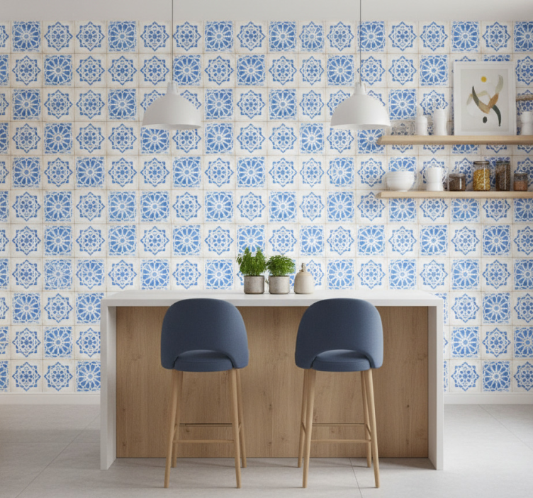 Tile wallpaper intricate blue designs - TenStickers
