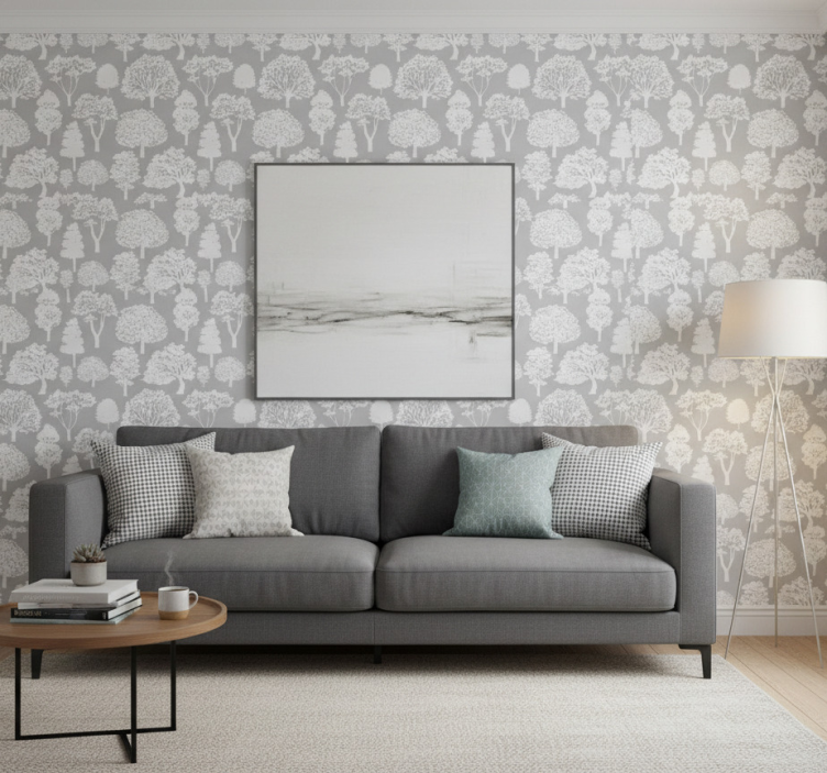Tree wallpaper in white and grey tones - TenStickers