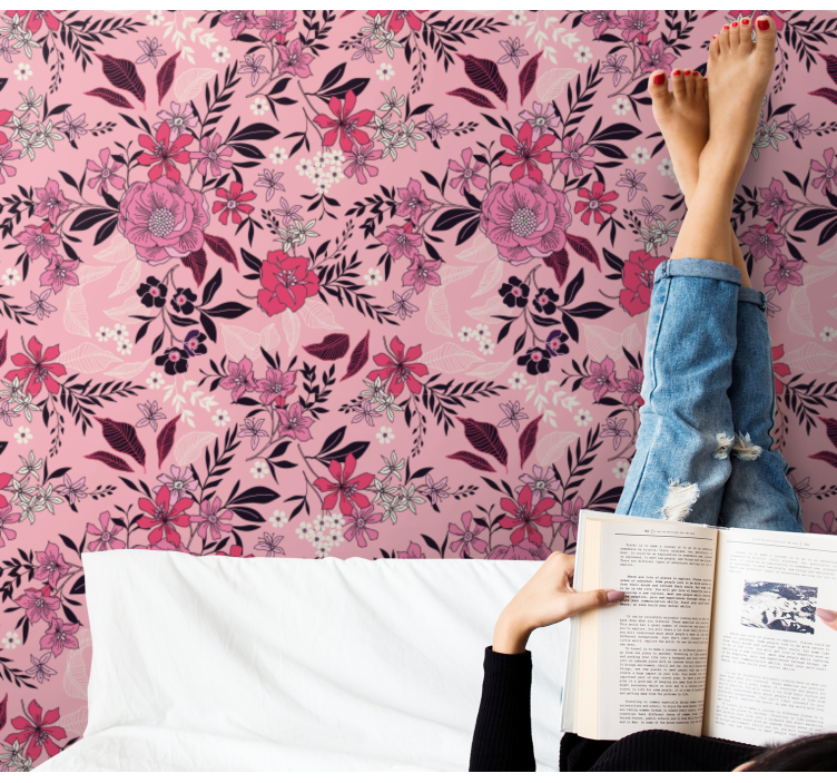 Trendy pink floral pattern flower wallpaper - TenStickers