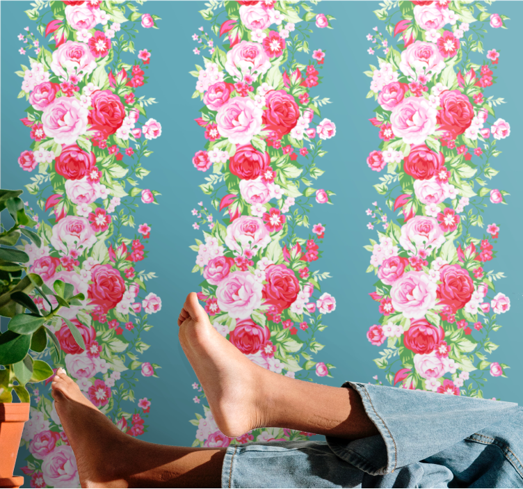 Turquoise "Shabby Chic" Flower Wallpaper - TenStickers