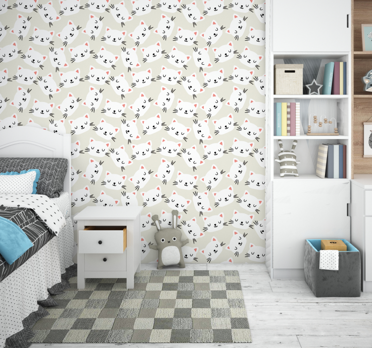 White cat faces illustrated Kids wallpaper - TenStickers