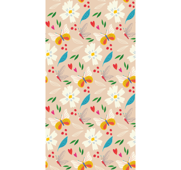 Butterfly wallpaper in floral design on beige background - TenStickers