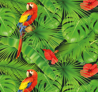 Colorful parrots on green leafes Cool animal wallpaper - TenStickers