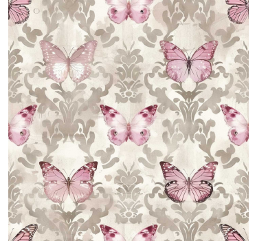 Pink butterflies pattern baroque wallpaper - TenStickers