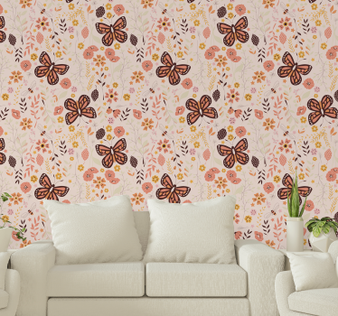 Butterfly wallpaper with pink flowers - TenStickers
