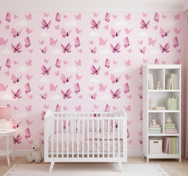 Butterfly wallpaper in pink fluttering clouds - TenStickers