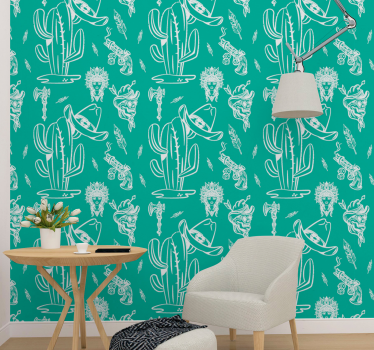 Cactus and hat western pattern Living Room Wallpaper - TenStickers