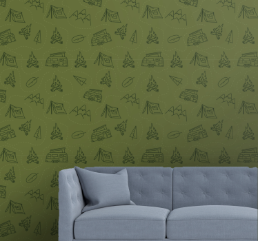 Campaing mountains stuffs on green Jungle theme wallpaper - TenStickers