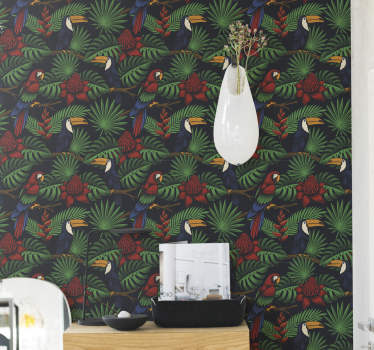 Dark Jungle Plants and Parrots wallpaper - TenStickers