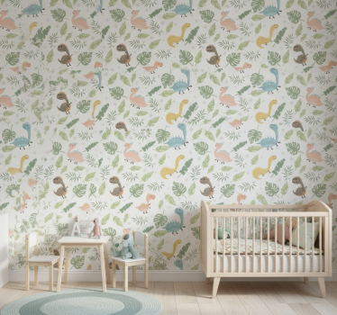 Dinosaurs wallpaper in pastel forest pattern - TenStickers