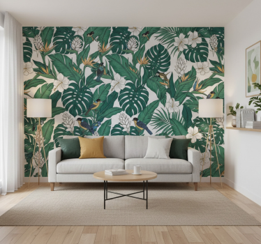 Flower wallpaper jungle petrol green design - TenStickers